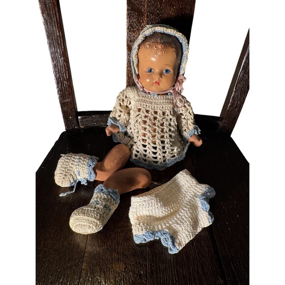 Vintage Composition Baby Doll With Crochet Outfit And Bonnet Cute Baby As Is - Picture 6 of 11